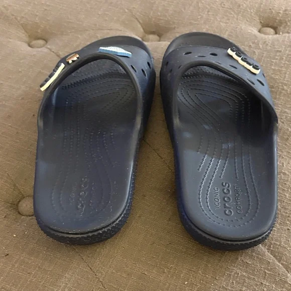 CROCS Navy Slide Sandals with Fun Charms - Picture 3 of 4